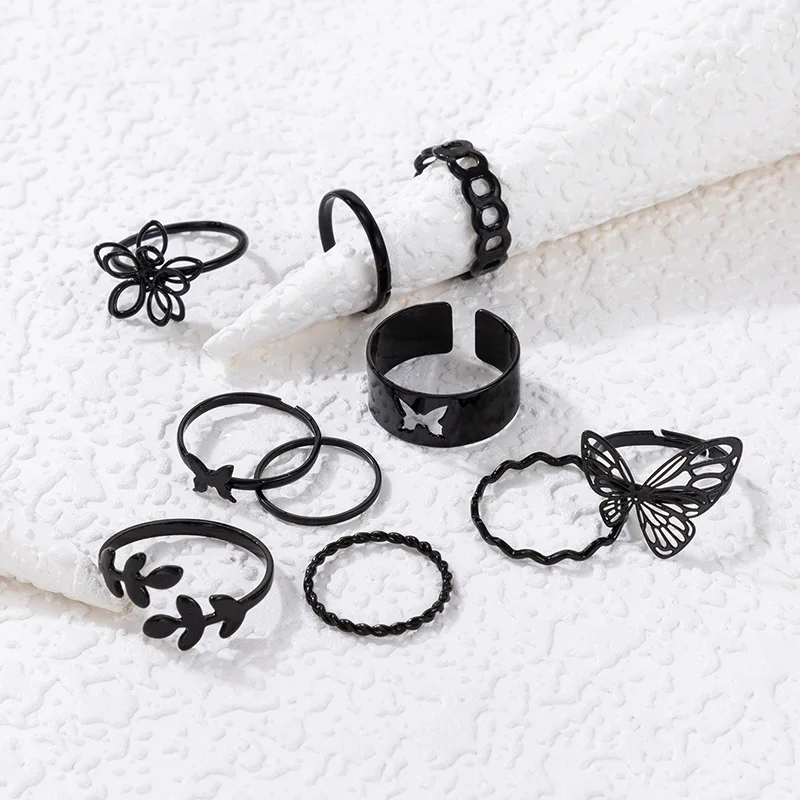 Fashion Punk 10Pcs Black Hollow Butterfly Flower Rings Set For Women Temperament Simple Aesthetic Finger Ring Goth Party Jewelry