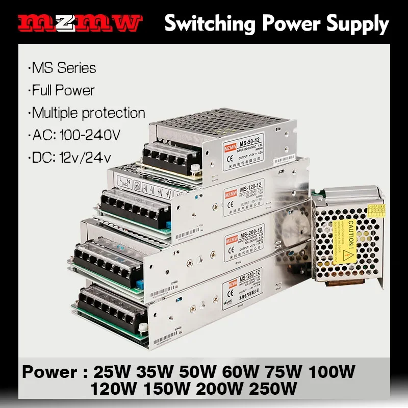 MZMW MS Series Switching Power Supply 25W-250W 100-240VAC To DC 12V 24V LED CCTV Strip Source Power Lighting Adapter Transformer