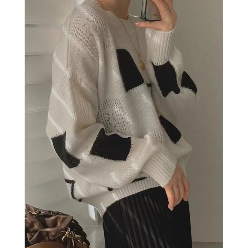 Fashion patchwork color round neck checkered cashmere sweater for women fall/winter loose jumper sweater  versatile