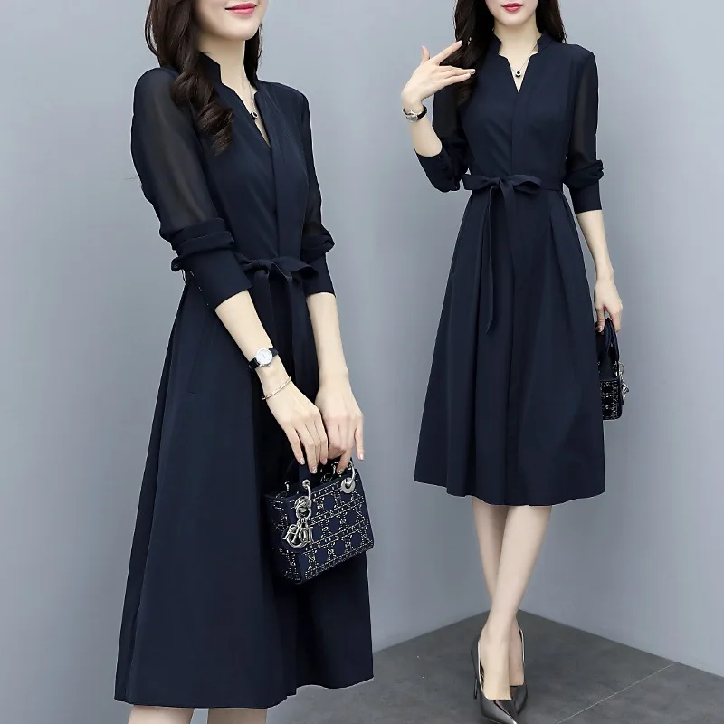 Neu im Frühjahrskollektion: Einfarbiges Damenkleid mit V-Ausschnitt, Tailliertes Kleid, Französischer Stil, Langärmlig, Elegantes Chiffon-Kleid mit Figurbetontem Schnitt