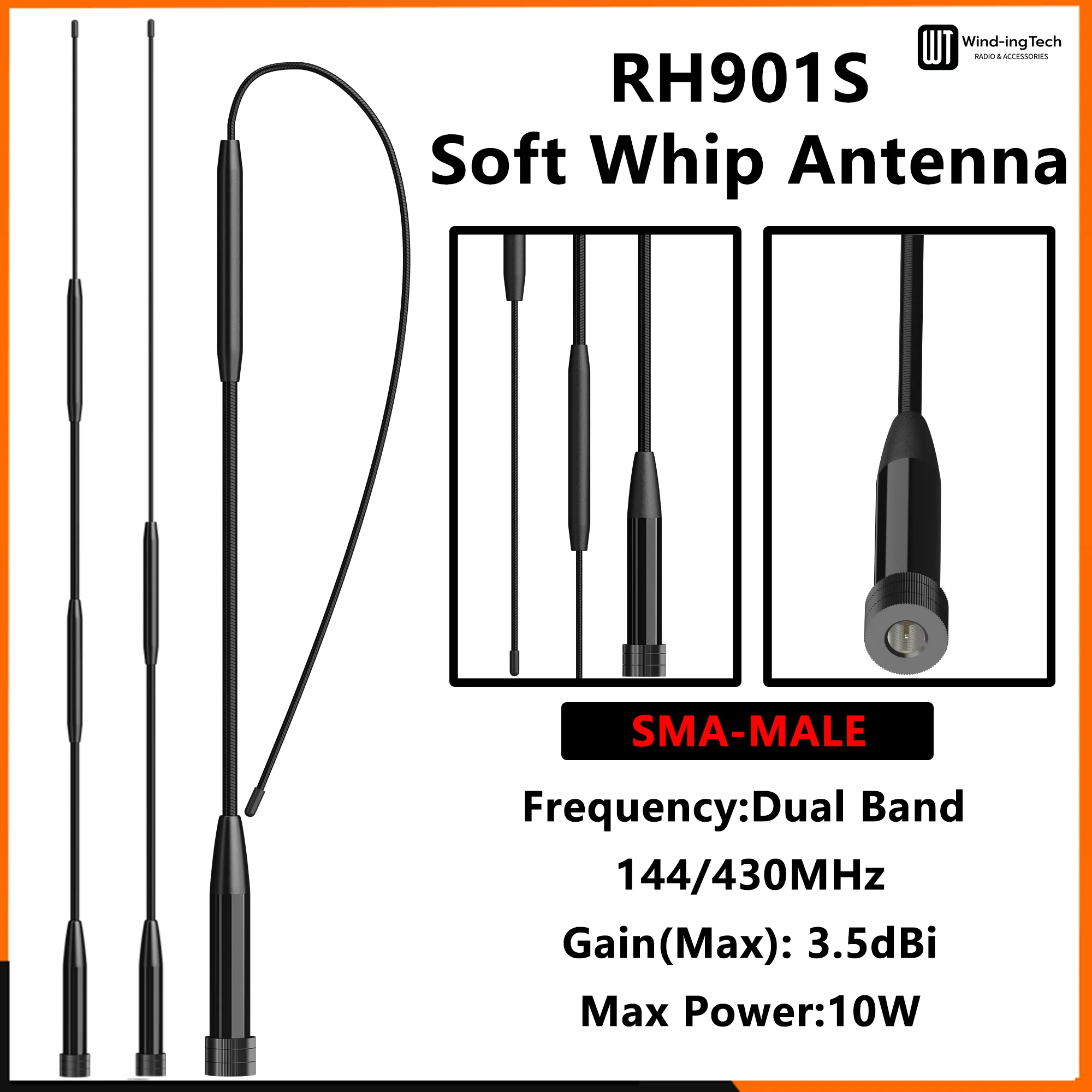 RH901S Soft Flexible Antenna Whip 144/430/900MHz SMA-Male Antenna Aerial Enhance For MD-UV390 Plus TH-UV98 UV8000D Accessories