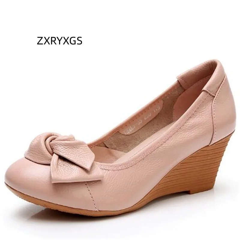 ZXRYXGS 2024 New Fashion Bow Spring Shoes Woman Wedges High Heeled Shoes Elegant Comfortable Cowhide Leather Shoes Women Shoes