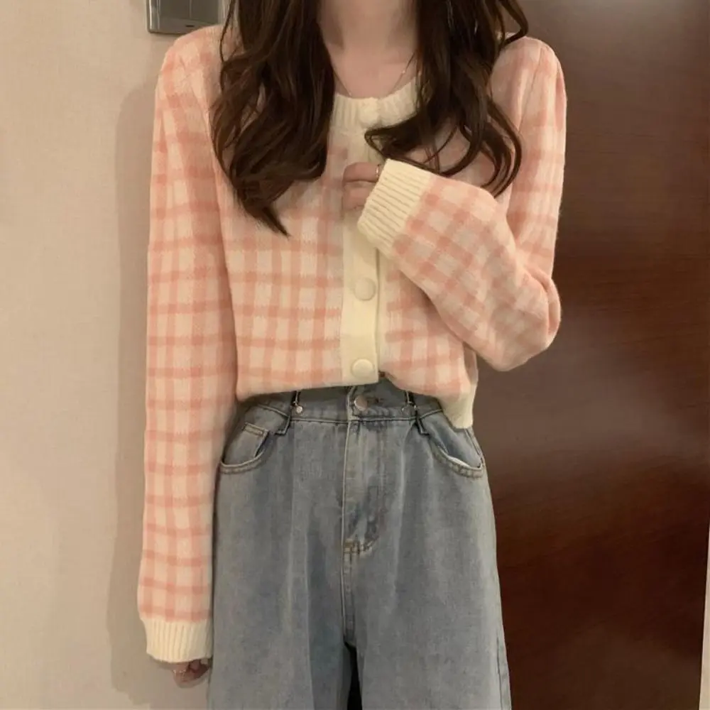 

Casual Long Sleeve Grid Crochet Sweaters Loose Autumn Spring Cardigans Women Y2K Ladies Tops Preppy Style Sweet Knitwear Autumn