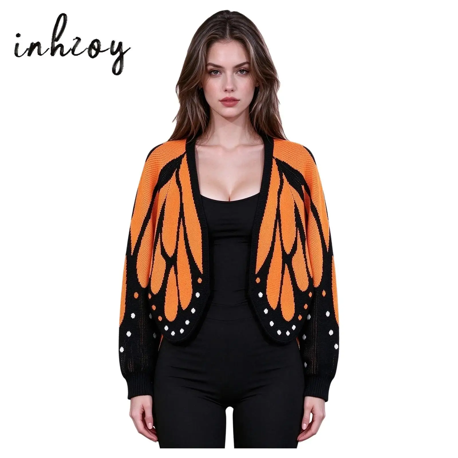 Women Aesthetic Butterfly Wing Cape Knitted Cardigan Irregular Hem Color-blocked Loose Sweater Coat for Halloween Themed Party