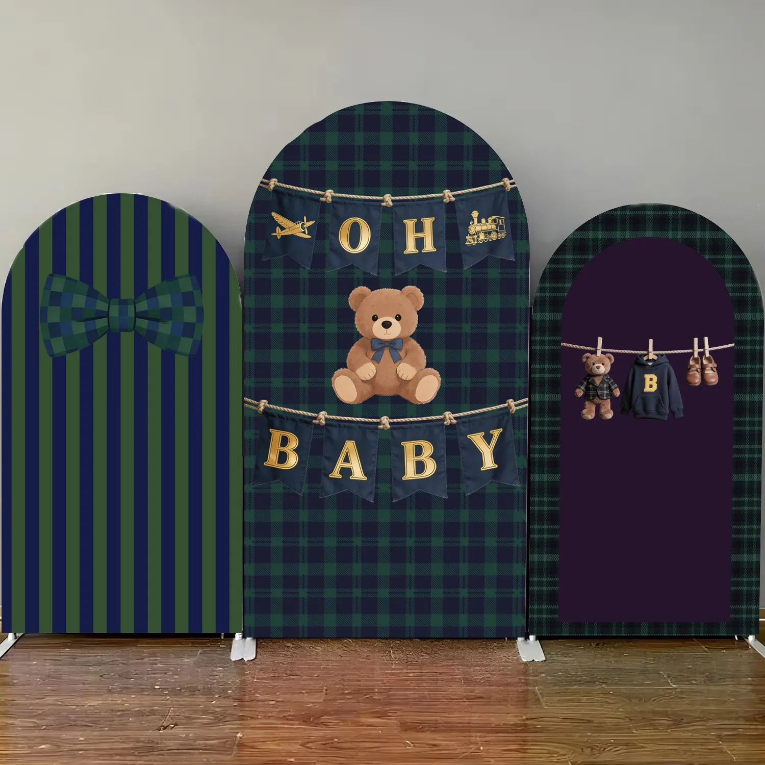 Green Grid Bear Arch Backdrop Cover Oh Baby Baby Shower Kids Birthday Party Decor Spandex Arch Stand Cover Photo Background