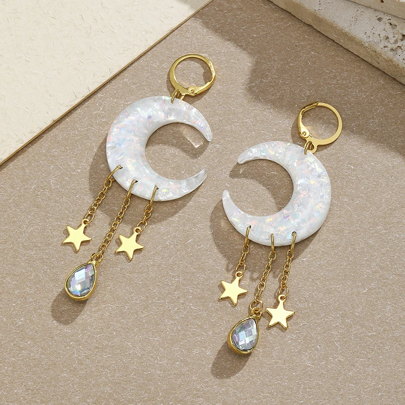 Bohemian Style Moon Pendant Earrings Water Droplet Fringe Earrings Suitable Fashionable Women's Daily Party Jewelry Pendant Gift