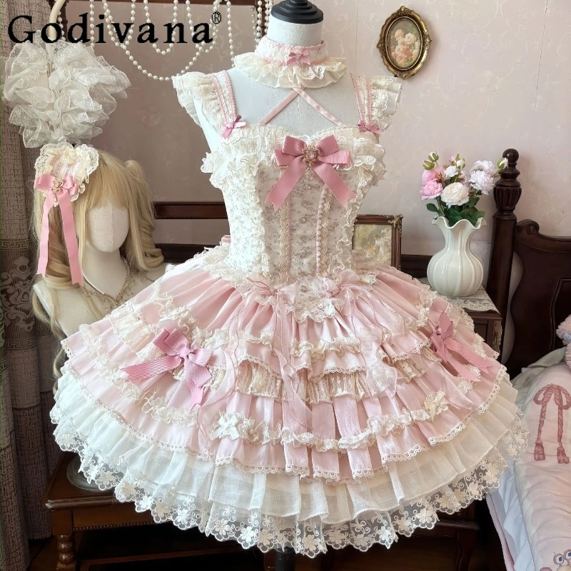 

Pink Floral Ballet Style Elegant Lolita Dress Women Lolita Birthday Princess Dress Female Japanese Wedding Cake Formal Dress