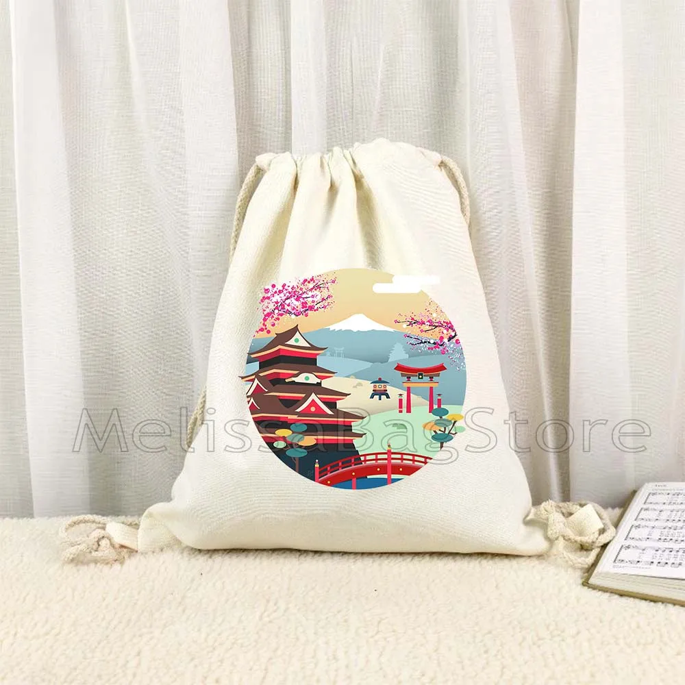 TOKYO Maneki Neko Cute Japanese Lucky Cat Mount Fuji Janpan Style Print Canvas Drawstring Bags Soccer Backpack Gym Yoga Sackpack