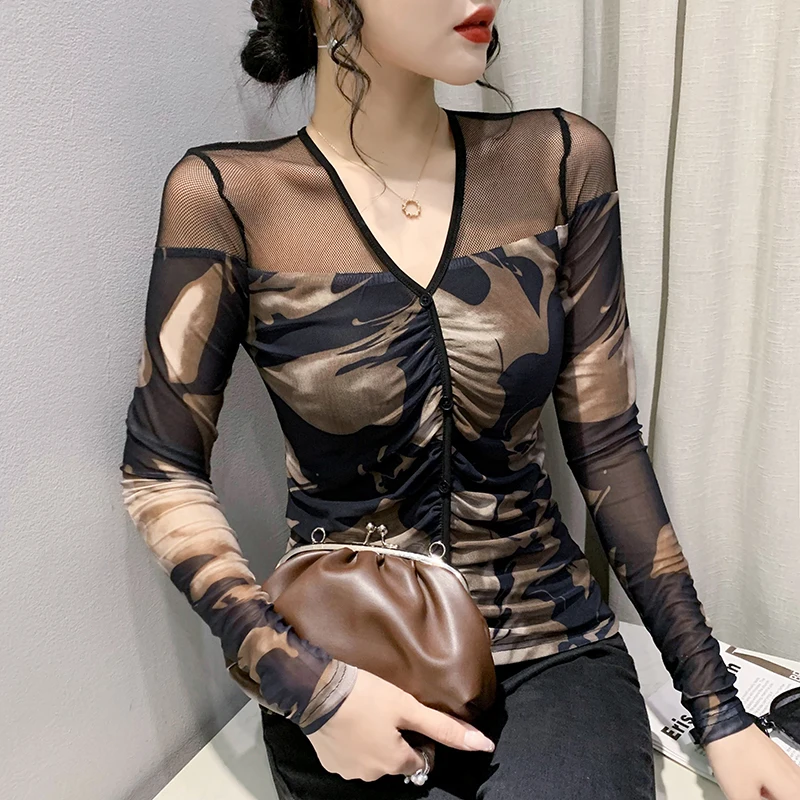 Black Korean Style Fall T-Shirt Chic Sexy V-Neck Print Spliced Button Draped Women Tops Long Sleeve Elastic Tees 2024 New 491408