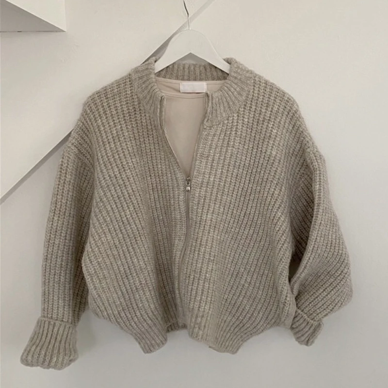 

Autumn Women's Zipper Sweater New Winter Warm Solid Color Knitted Cardigans Loose Long Sleeved O-Neck Knitwear Tops