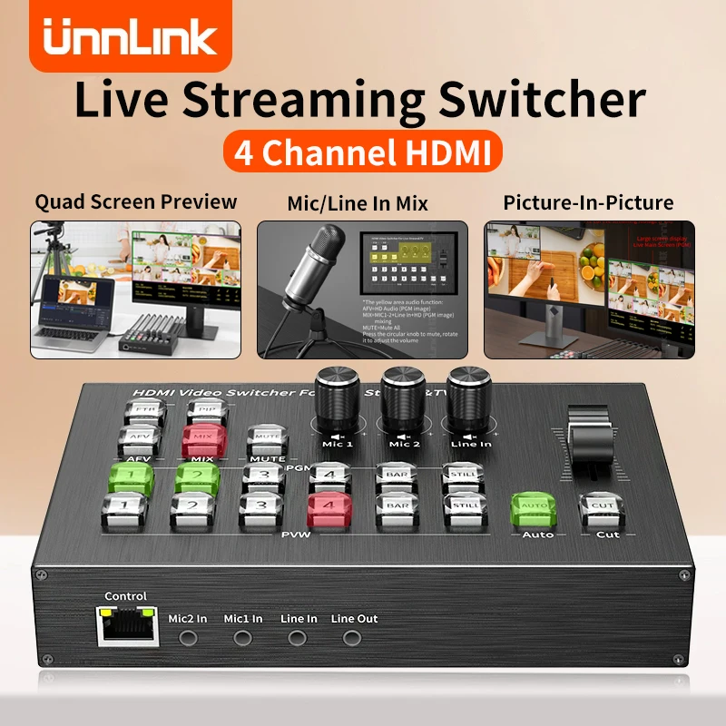 

Live Streaming Switcher 4 HDMI Channel Video Capture Card Multiple Camera Mixer Seamless Switch PGM PVW PIP Station Video Mixer