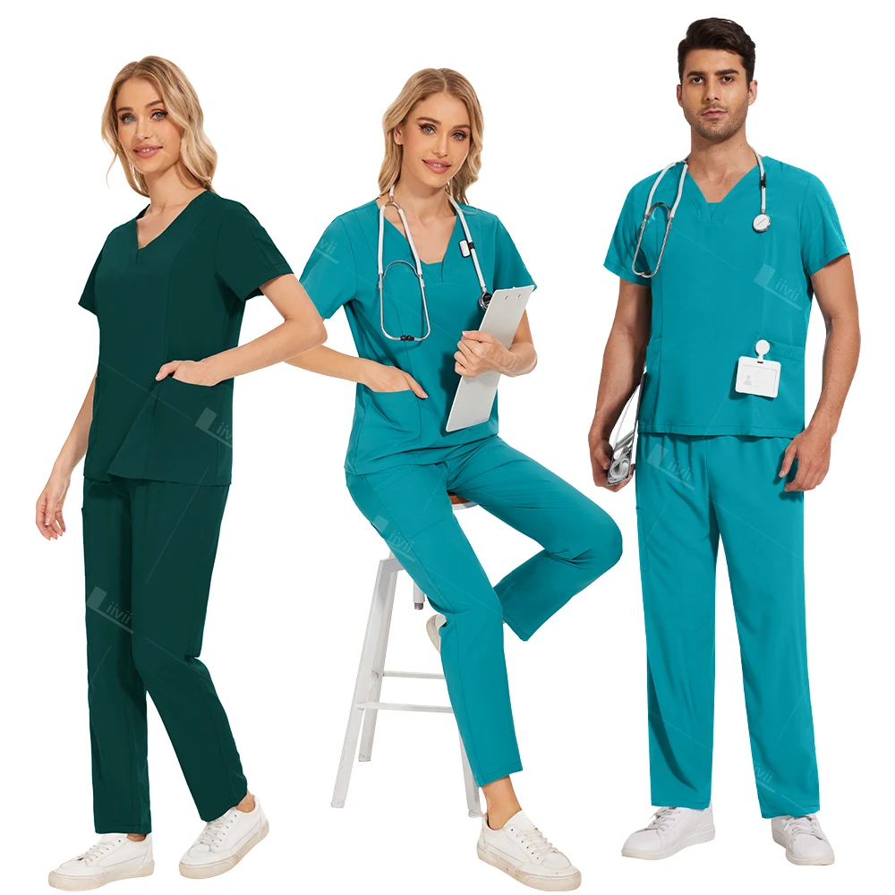 Uniforme de enfermera de manga corta Unisex, ropa de trabajo para médico de Hospital, uniformes de cirugía bucal, conjuntos de médicos, 10 colores