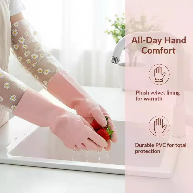 Floral Pattern Household Latex Waterproof Cleaning Gloves: Kitchen Dishwashing Laundry Wear Resistant Rubber view 6