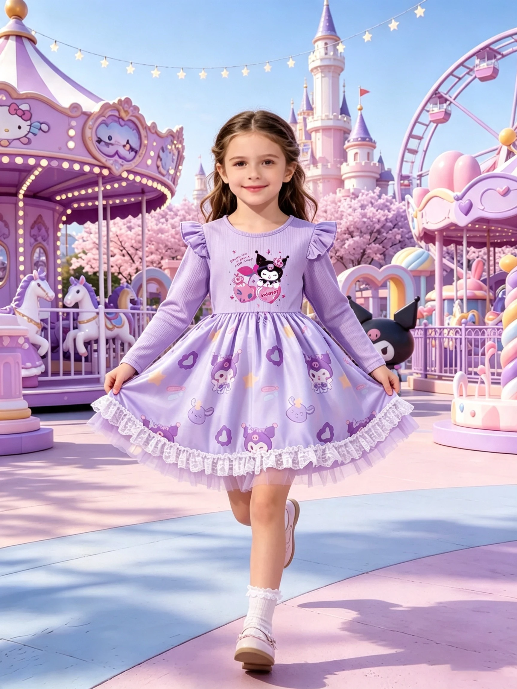 Girls' Kuromi Long Sleeve Mesh Princess Dress, Light Purple Flutter Sleeve Cartoon Print Lace Trim Kids Spring Autumn Dress