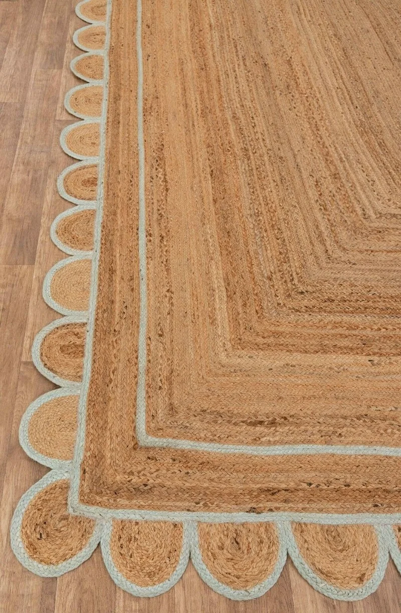 Jute Rug 100% Natural Hand Braided Floor Rugs Modern Look Scalloped Decor Carpet for Living Room