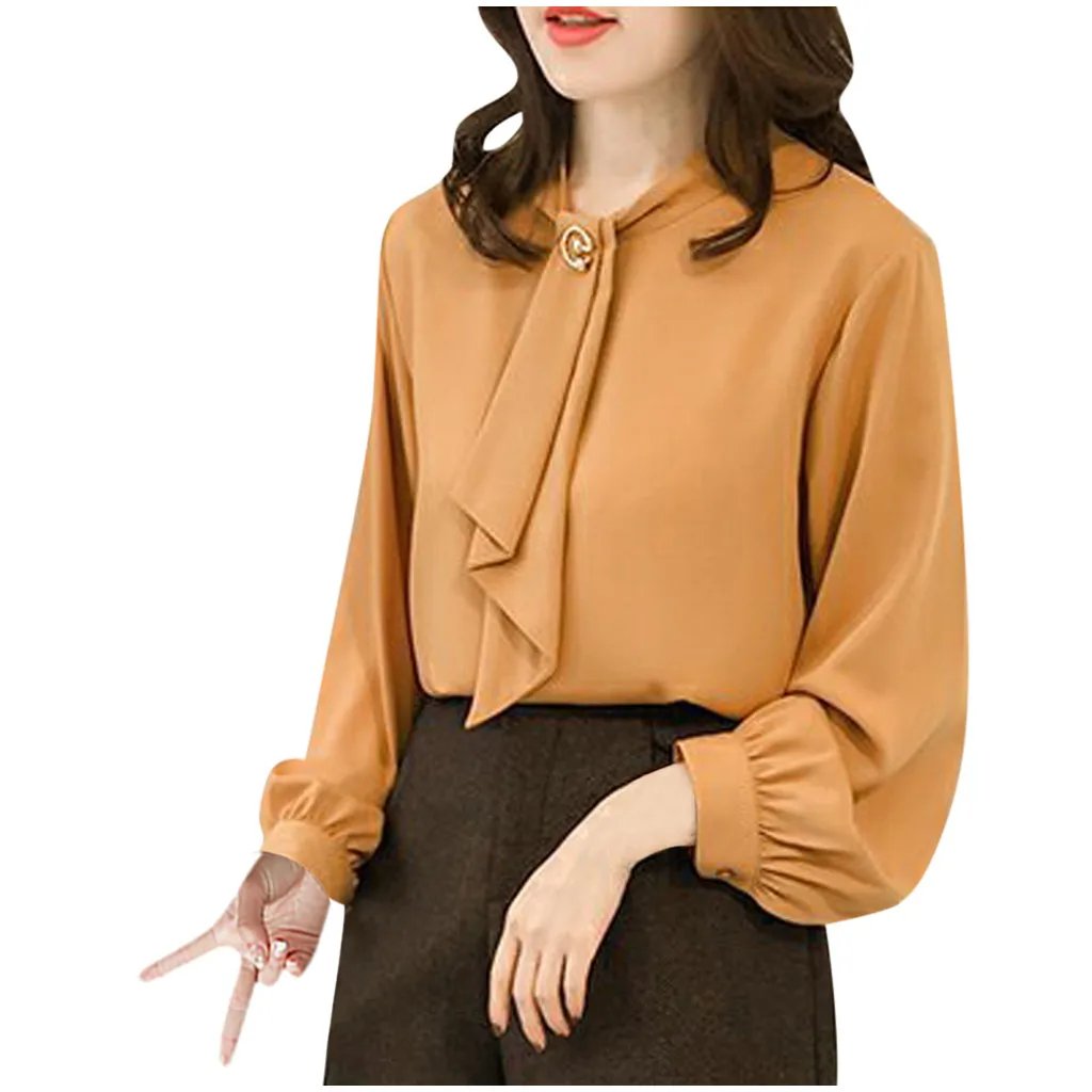 Spring Summer Elegant Blouses Ladies’ Casual Long Lantern Sleeve Solid Round Neck Chiffon Thin Shirt And Blouse Office Lady Tops