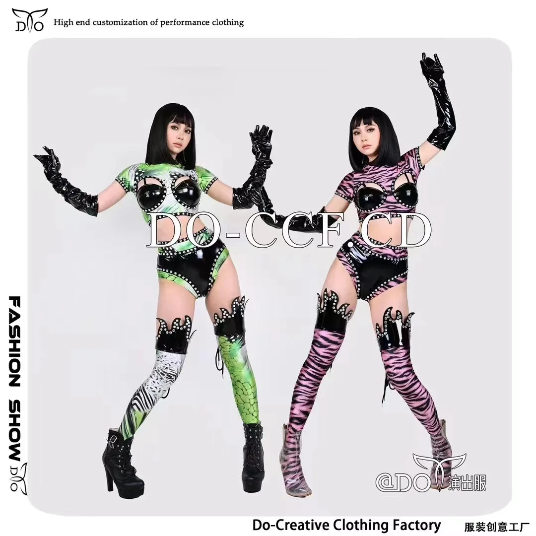 

Lacquer Hot Diamond Split High Fork Shorts+Top+Leg Cover+Gloves 4pcs Bar Nightclub GOGO Cool Stage DS Singer Dance Team Outfit
