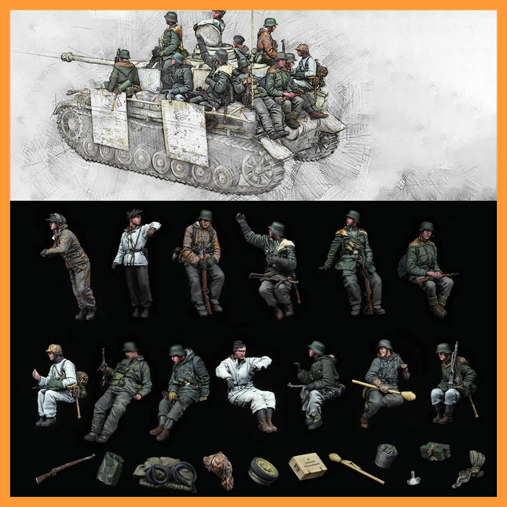 

【Need Paint by Self】Скала 1/35 Солдаты Второй мировой войны (13 фигурок без танков) Солдаты на военную тему, белая модель из смолы