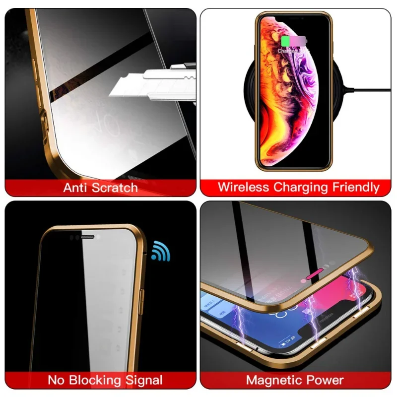 Anti-peeping Magnetic Double Side Tempered Glass Privacy Metal Case For iPhone 15 14 13 12 11 Pro Max Mini XS XR 8 7 Plus Cover