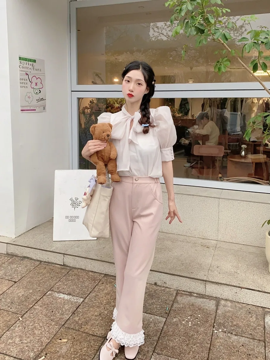 Honeyrubao Japońska Bluzka z Długim Rękawem, Wiązana na Krawędzi, Damska, Biznesowa, Casualowa, z Dekoltem w Serek, Jednolita Kolorystycznie