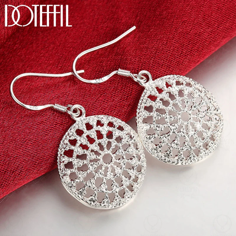 DOTEFFIL 925 Sterling Silver Hollow Out Round Plate Earrings Charm Women Jewelry Fashion Wedding Engagement Party Gift