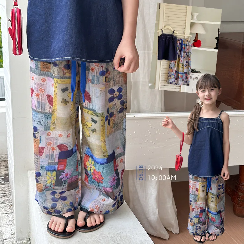 2024 Summer New Fashion Girls Ethnic Style Wide Leg Pants Kids Comfortable Casual Anti-mosquito Long Pants Boutique Clothing