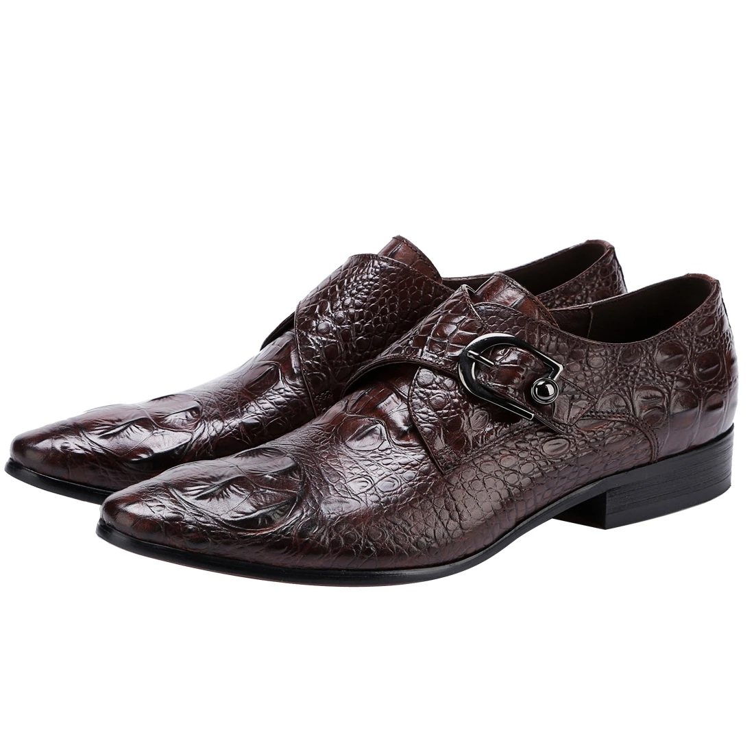 

Retro Footwear Genuine Leather Men's Shoes Slip On Solid Crocodile Style Pointed Toe Buckle Causual Wedding Formal Dress Shoes