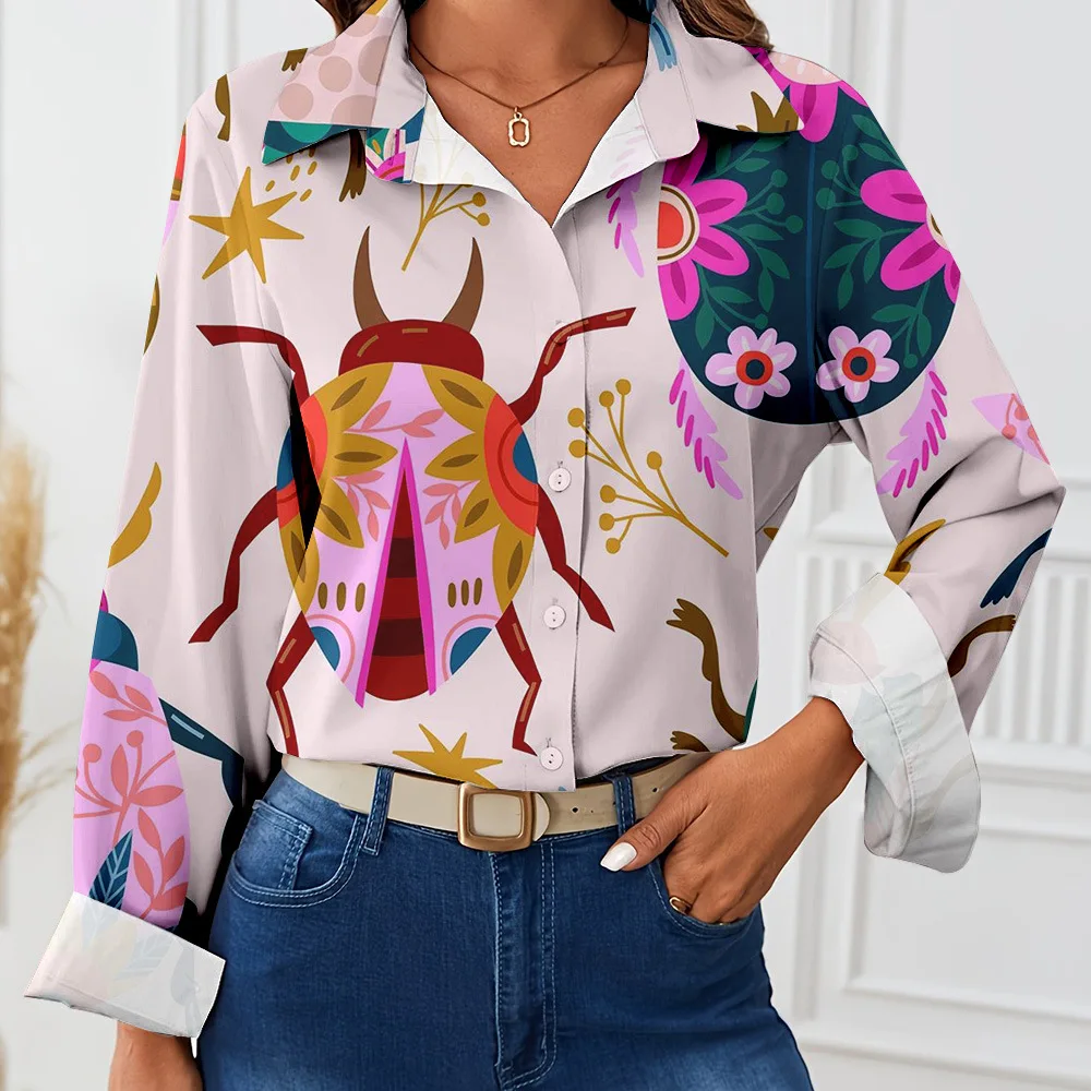 Fashionable Women's Long Sleeved Shirt Elegant And Beautiful Lapel Blouse Buttons Colorful Insect Print Autumn New Blouse Camisa