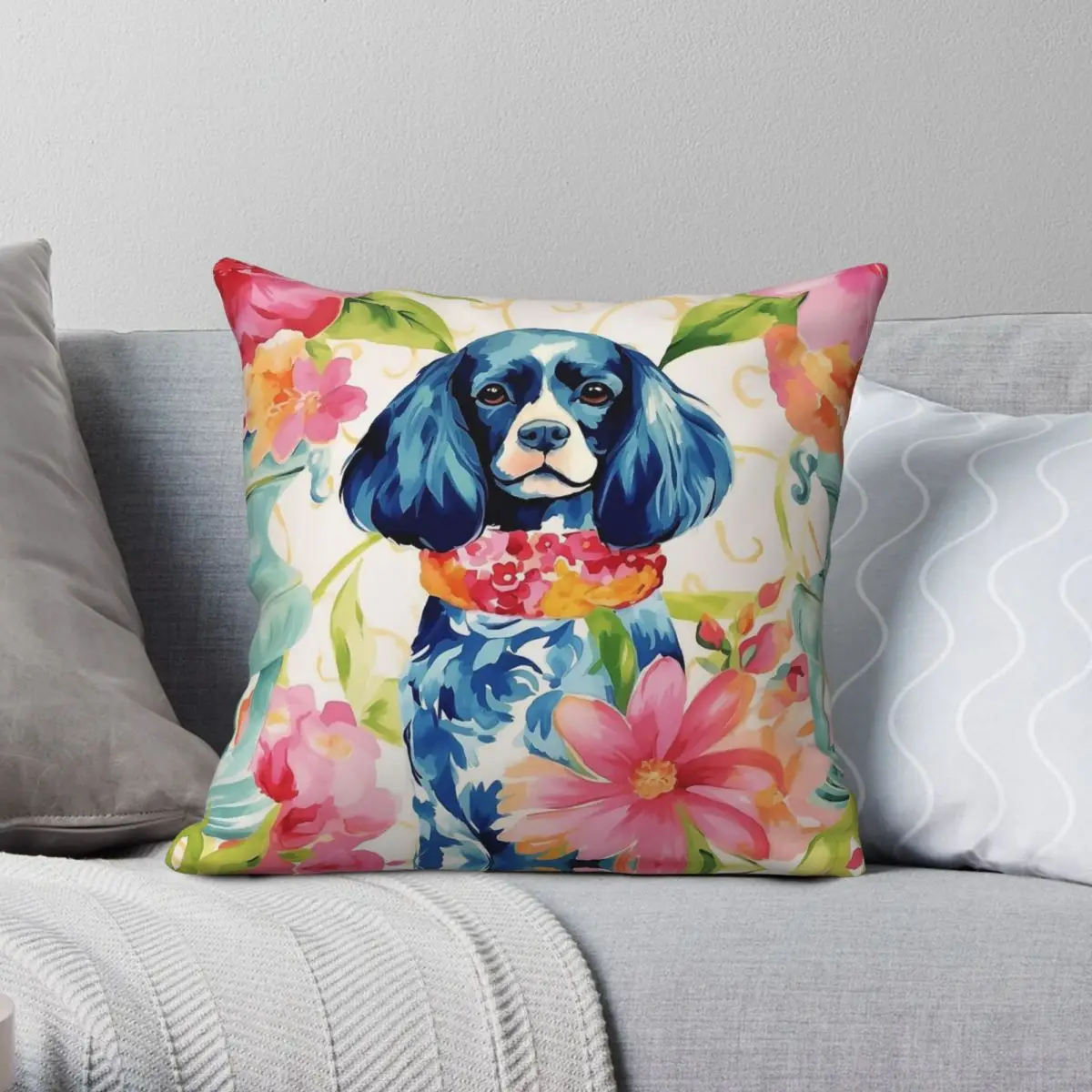 Cavalier King Charles Spaniel Chinoiserie Square Pillowcase Polyester Linen Velvet Zip Throw Pillow Case Home Cushion Case 18