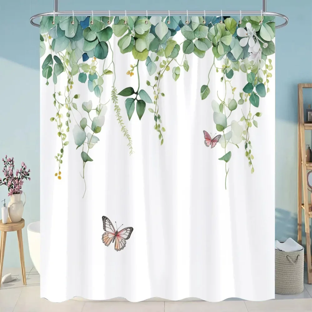 Botanical Flower Shower Curtain Colourful Flowers Green Leaves Watercolour Art Creative Polyester Shower Curtains Bathroom Decor