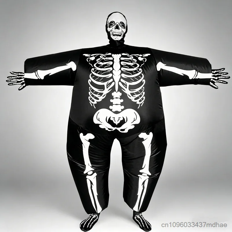 

Funny Print Inflatable Chubby Skeleton Costume Adult Ghost Cosplay Blow-Up Party Stage Performance Outfit with Accessories