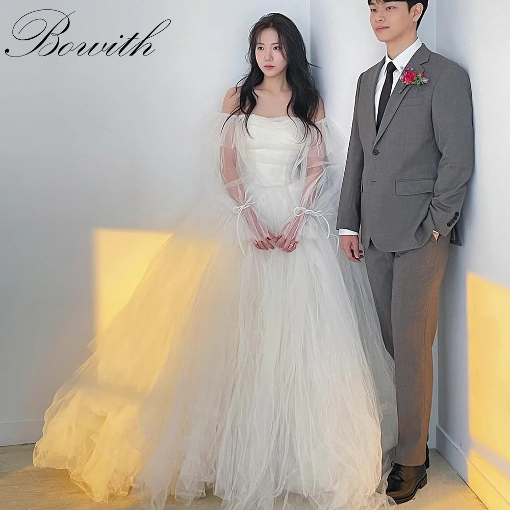 

Bowith Korean Wedding Dresses Off the Shoulder Long Sleeves Bridal Gown Customized Tulle Wedding Party Dresses Gown