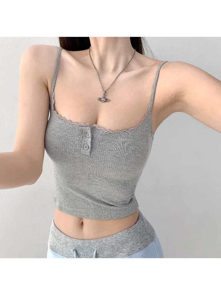 Sweet And Seductive Lace Trim Knitted Crop Top Low Neck Sleeveless Outerwear for Summer Street Style Short Length Female Vest