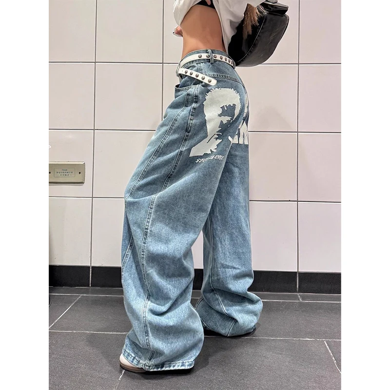 

Women Jeans Blue Vintage High Waisted Straight Denim Trouser Y2K 90s Hip Hop American Streetwear Wide Leg Classic Denim Pants