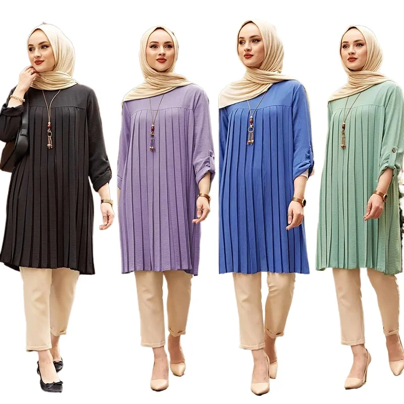 

Custom Women's Plus Size Conservative Top Islamic Women's Muslim Long Sleeve Pleated Loose Chiffon Shirt