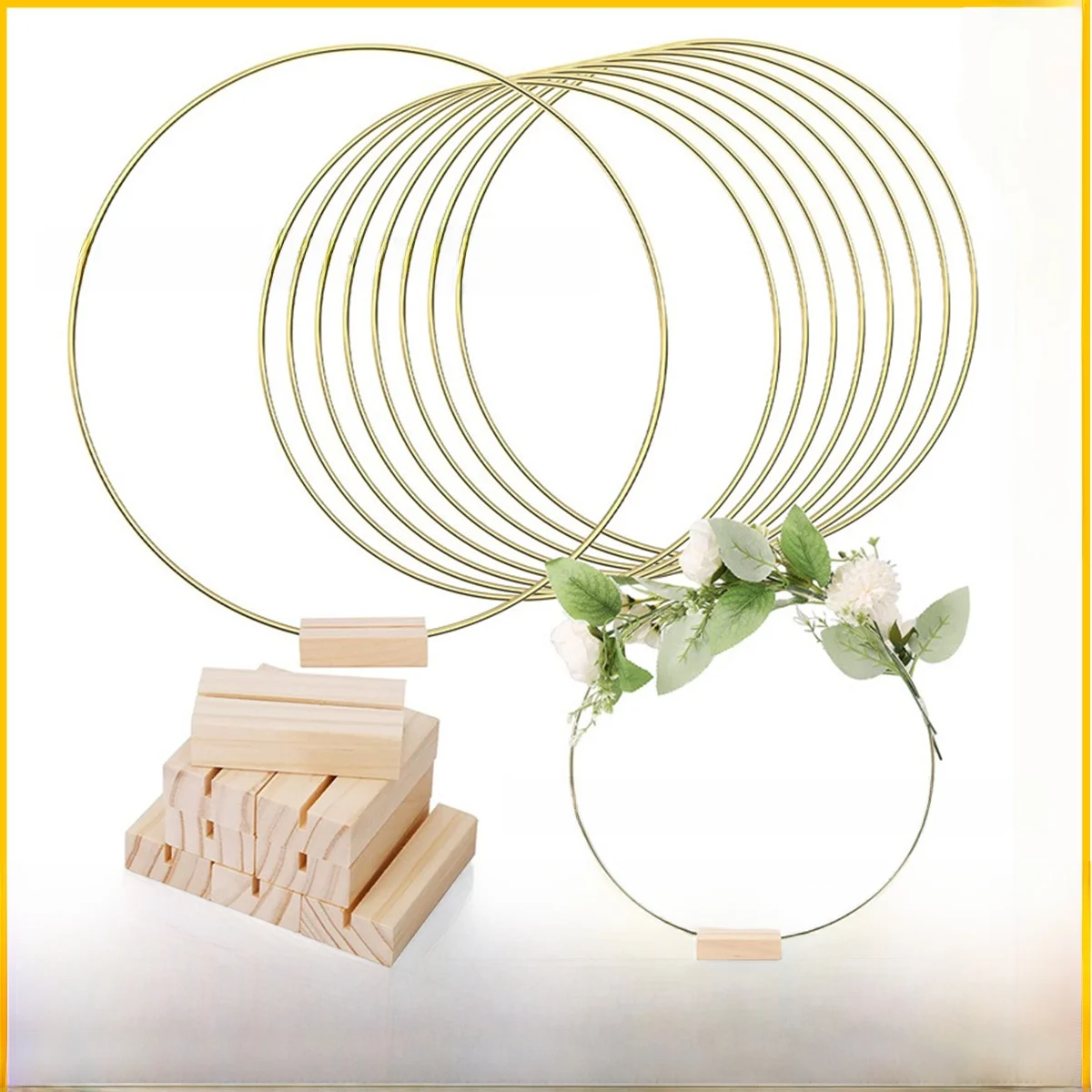 

Golden Iron Ring Flower Ring with Wooden Base Wedding Props Cisas Decorative Item Dr cher Table Centerpiece