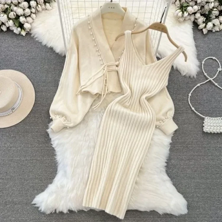 Korejepo  Lazy Wind Lace Up Bead Knitted Cardigan Set Women Sweater Jacket Skinny Suspender Dress Two Piece Sets Thick 2024