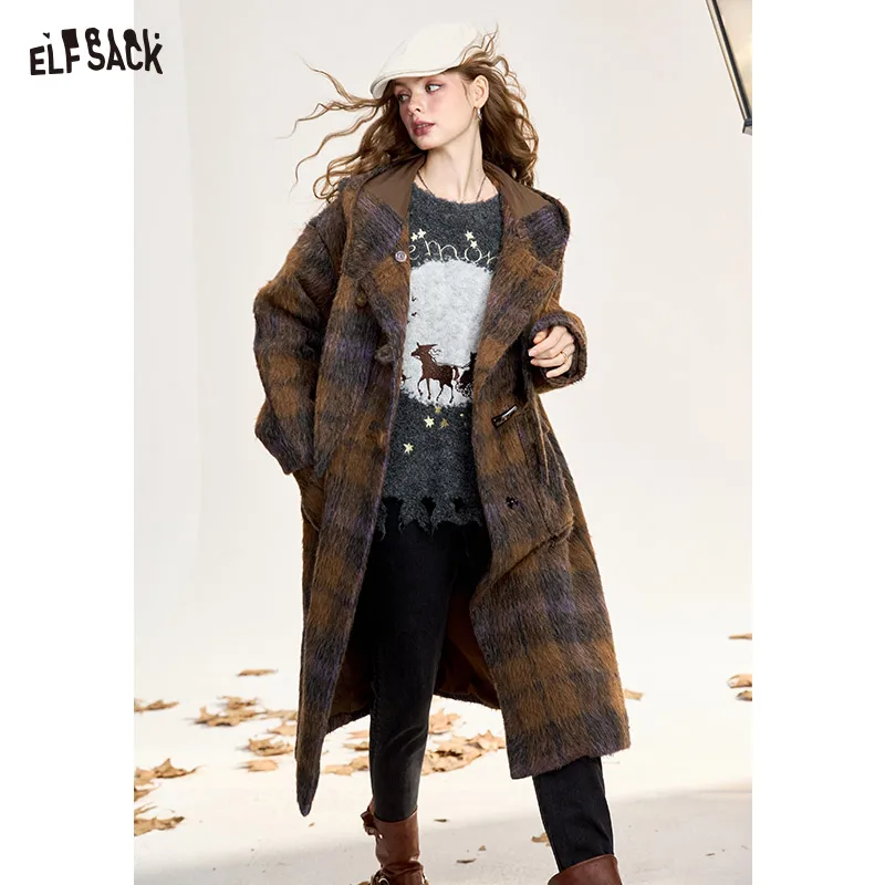 ELFSACK-Manteau Long à Capuche en Laine Marron pour Femme, avec lèvent en Corne, Nouvel Arrivage Hiver 2024