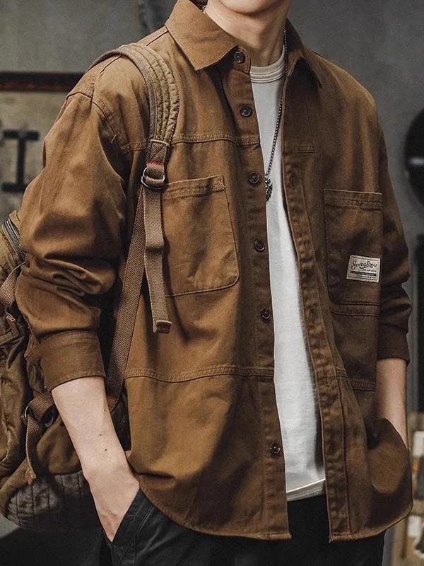

Мужская повседневная рубашка-куртка свободного кроя в американском рабочем стиле, с длинным рукавом, 300 Pou, ретро, весна-осень, в японском стиле
