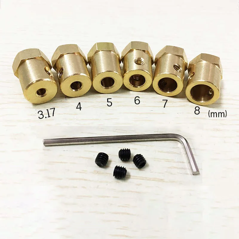 2/3/3.17/4/5/6/7/8mmHexagonal Brass Shaft Coupling Motor Transmission Connector With Screws Wrench Model Car Wheels Tires Shaft