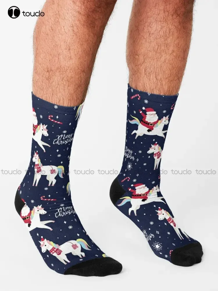 Calcetines con patrón navideño de unicornio para montar en Papá Noel, calcetines para correr para mujer, calcetines personalizados Unisex para adultos, adolescentes y jóvenes, regalo personalizado