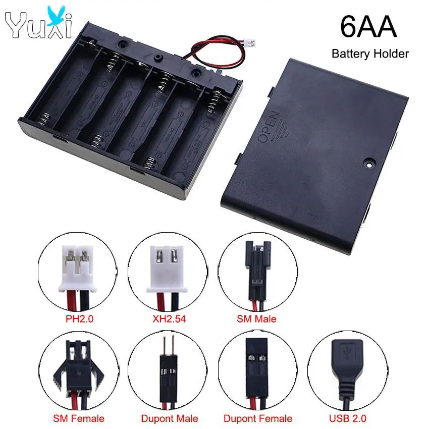 YuXi 1 Piece 6X AA Batteries Standard Container With On/Off Switch & Terminal Line PH2.0/XH2.54/USB 2.0 Plug Battery Holder Box
