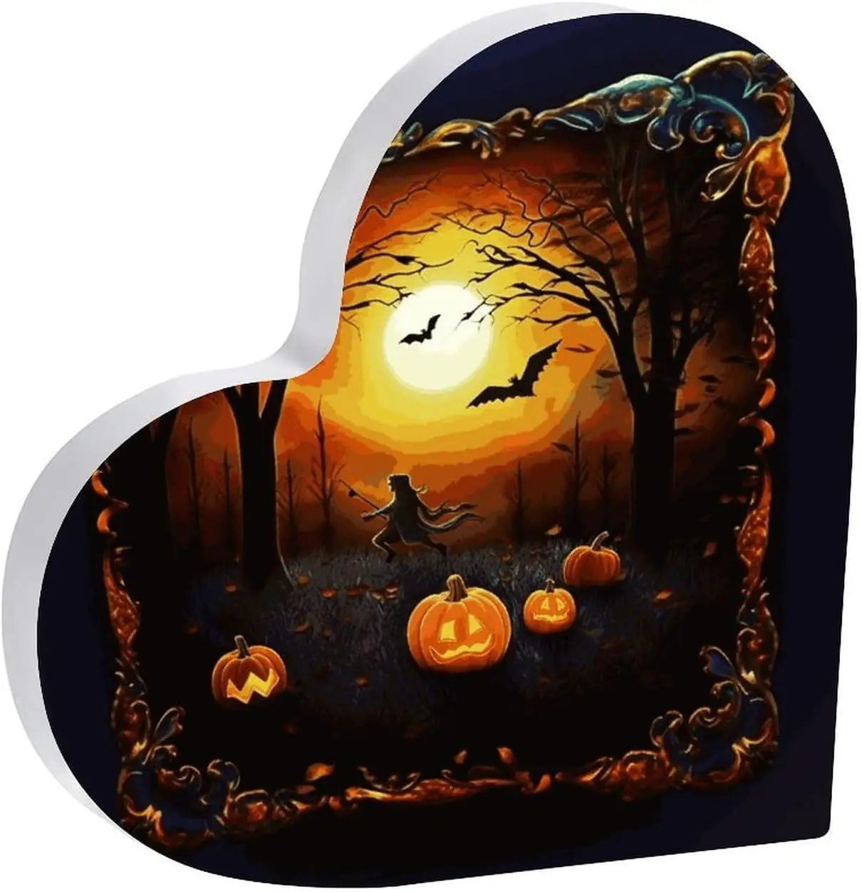 Ornate Frame Jack‑O‑Lantern Freestanding Heart Ornament, Spooky Forest Night Shelf Decoration,Halloween Party Acrylic Desktop Ornament Heart Shape