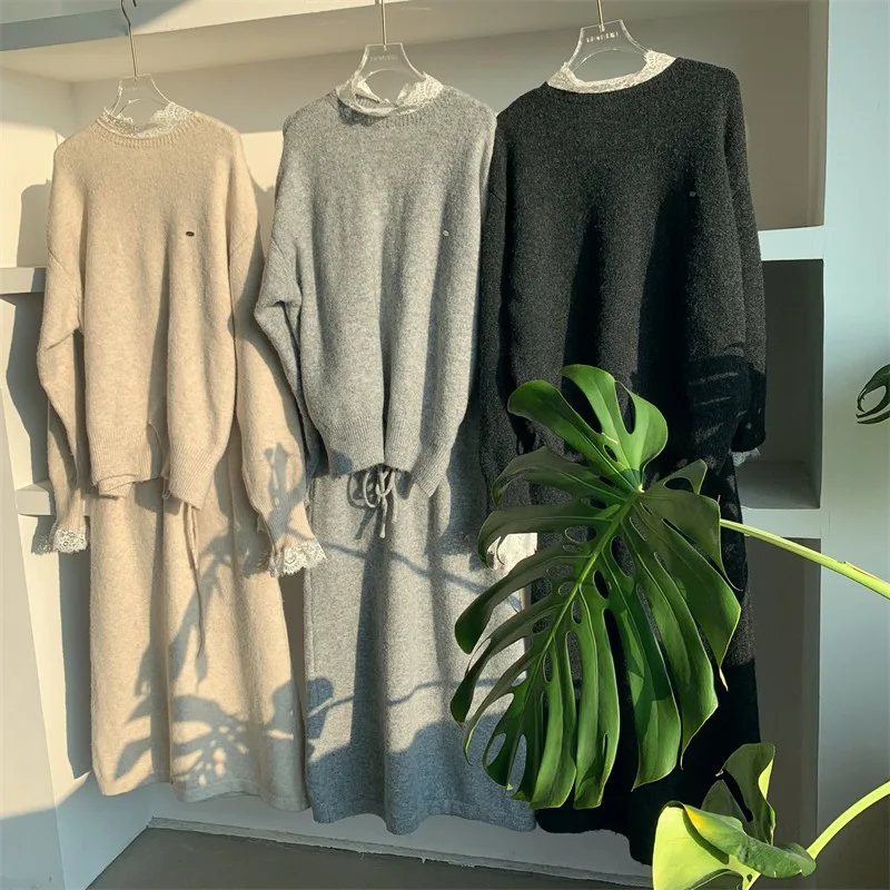 مجموعة Ele Knitted Dr and Top للنساء أوائل الربيع Faion Rich Girl Sle Long Sve Crew Ne سترة ودكتور كومبو