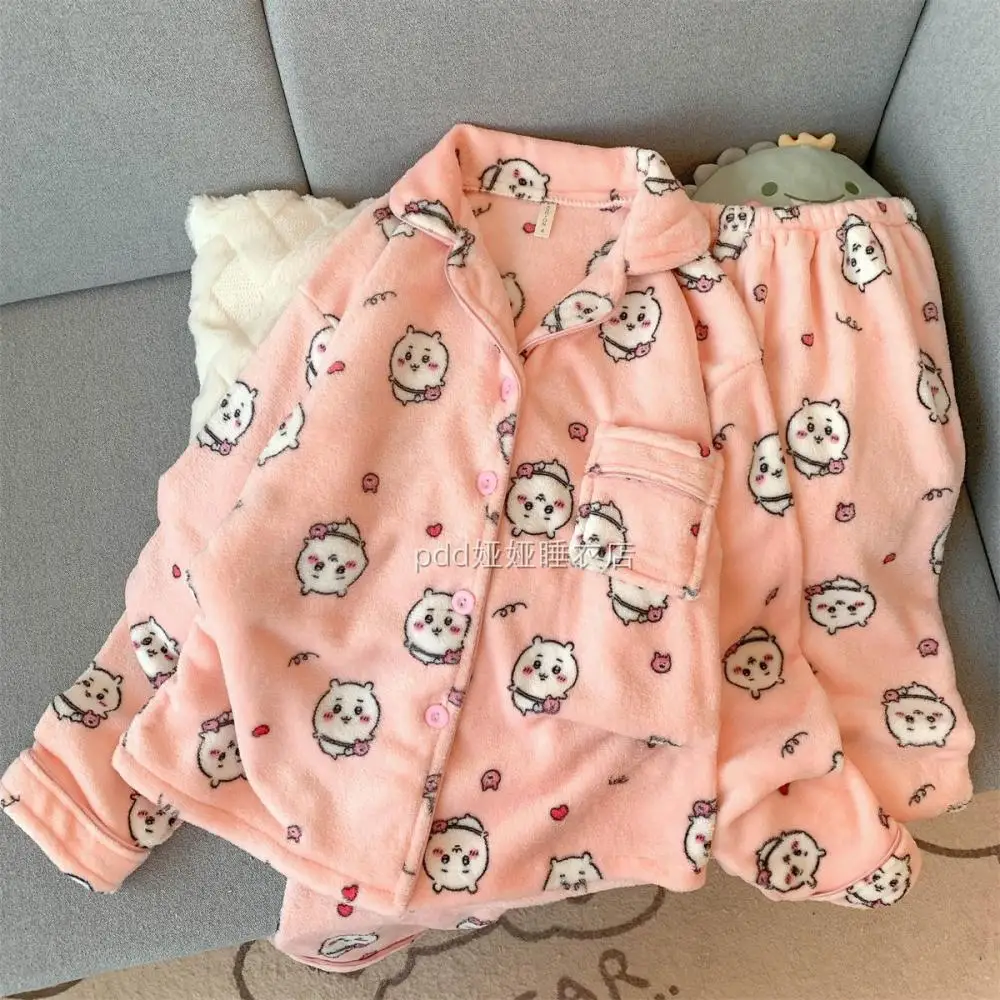 

2Pcs Hachiware Plush Pajamas Set Usagi Girls Thickened Home Clothes Cute Women Winter Cartoon Chiikawa Kawaii Warm Nightwear