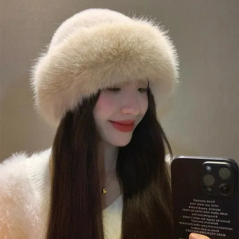 Winter Warm Plush Hats Women Girls Solid Color Simple Fluffy Bucket Hats Casual Comfortable Elegant Fur Caps Fashion Accessories