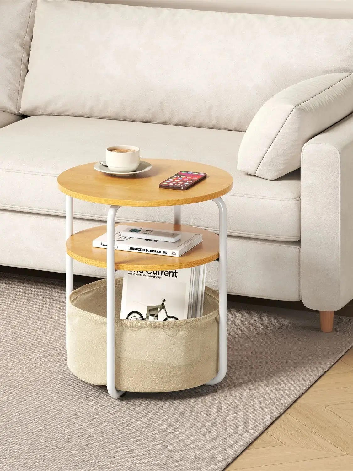 3-Tier Side Table,Round End Table with Fabric Basket, Spacious, Small Coffee Table,Sofa Table for Living Room Bedroom,Modern