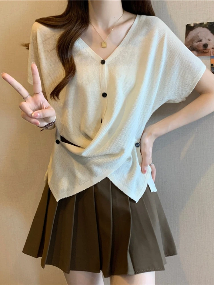 Ice Silk V-Neck Short Sleeve T-Shirt Women's Summer Fashion plus Size Conceals Belly Asymmetrical Korean Style Casual Wear