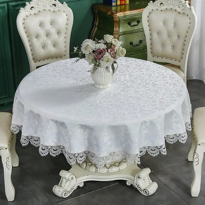 1 Piece of White Lace-Edged Embroidered Tablecloth, Modern Style Polyester Fiber Round Jacquard Lace Heat-Resistant and Dust-Proof Tablecloth, Suitable for Round Tables for Daily Home Use and Wedding Parties and Festivals