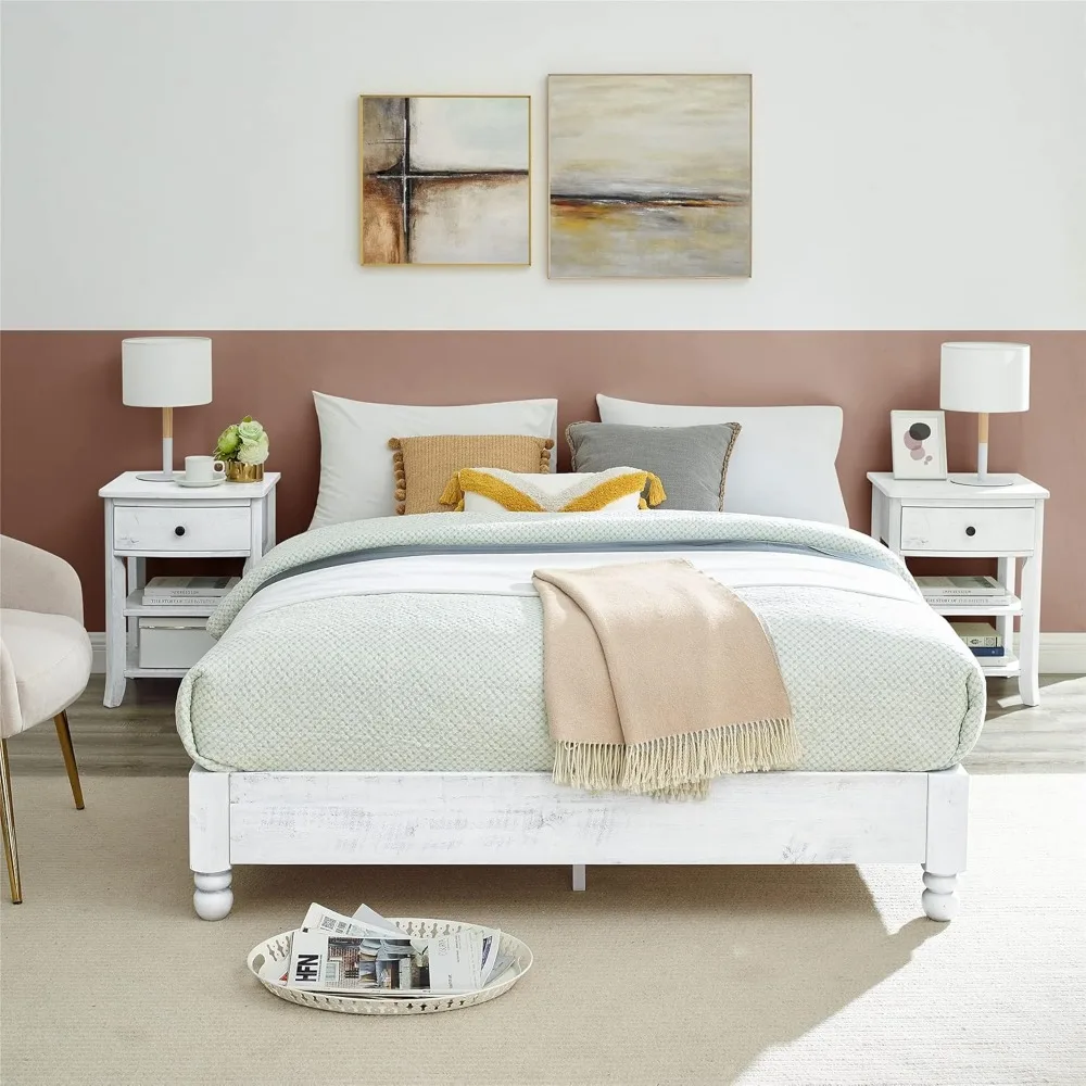 MUSEHOMEINC Solid Wood Platform Bed Frame Rustic Style,Mattress Foundation(no boxspring Needed), White Washed Finish,Queen